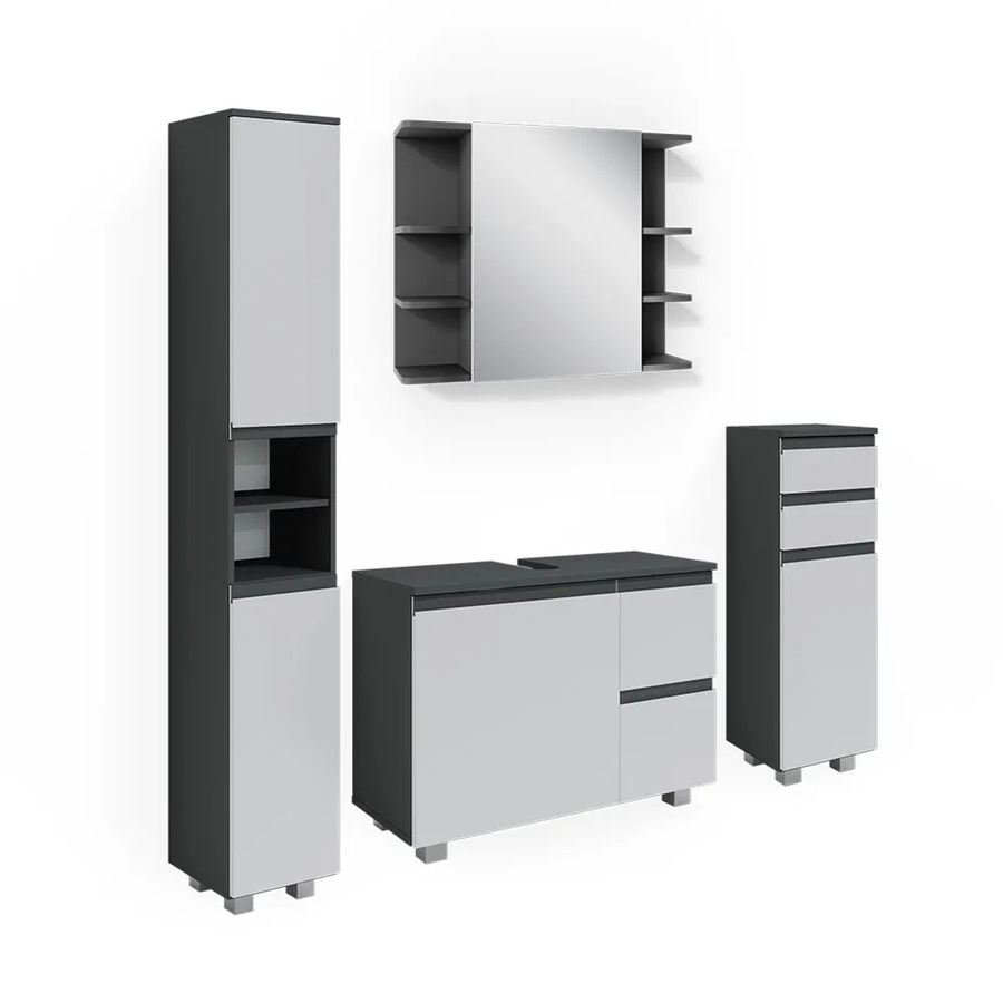 Vicco Badmöbelset J-Shape in Weiß und Anthrazit, modernes 4-teiliges Badezimmer-Set mit Spiegelschrank, Waschtischunterschrank, Midischrank und Hochschrank - Bild 3