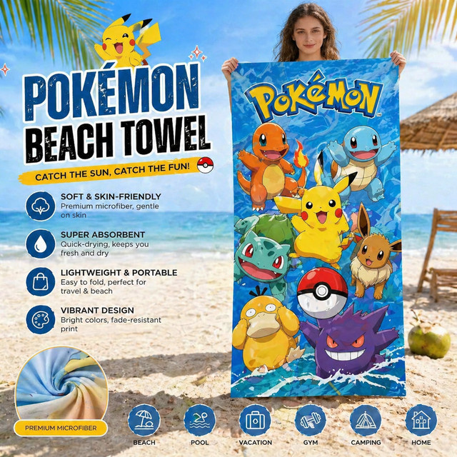 Potdemiel Pokémon Mikrofaser-Strandtuch für Kinder mit Pikachu, Schiggy und Bisasam in Multicolour - Bild 1