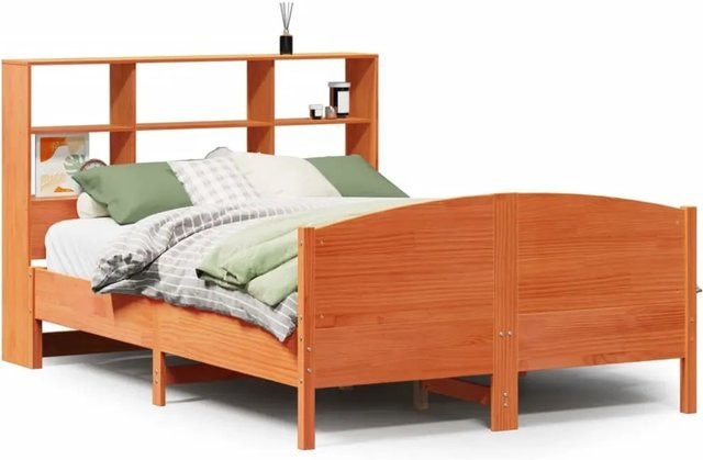 vidaXL Massivholzbett aus Kiefernholz mit Regal in Braun, B/T/H: 150 x 200 cm - Bild 1