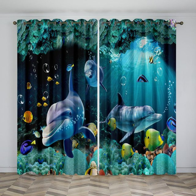 Yiran Furniture Vorhang-Set mit Delfinmotiven im nautischen Stil, 2er-Set, halbtransparent, Mehrfarbig, Breite: 50 cm, Höhe: 230 cm - Bild 1