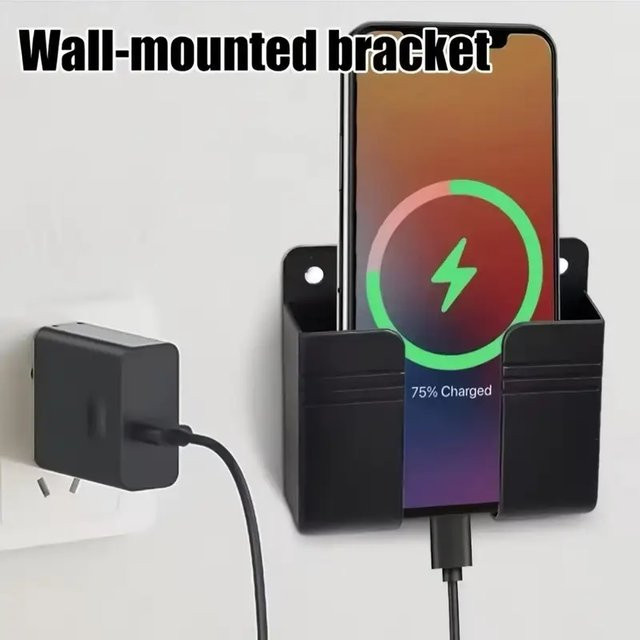 2 Stück wandmontierter Handyhalter-Organizer in Schwarz als Aufbewahrungsbox für Fernbedienung und Mobiltelefone mit Steckerständer - Bild 1