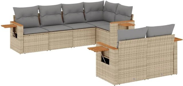 vidaXL 7-teilige Garten-Sofagarnitur in L-Form aus Polyrattan und Akazienholz mit Kissen in Beige-Grau - Bild 1