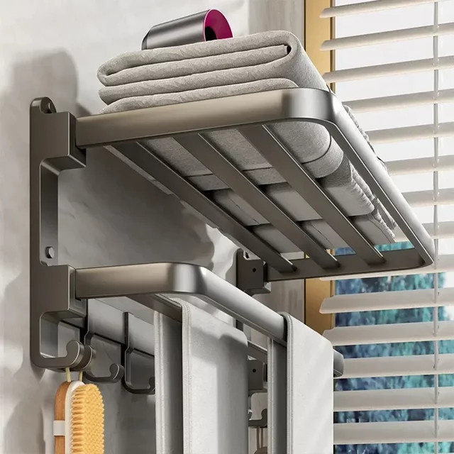 Wandmontierter 24-Zoll Handtuchhalter aus Edelstahl mit Regal und beweglichen Haken in Grau - Bild 1