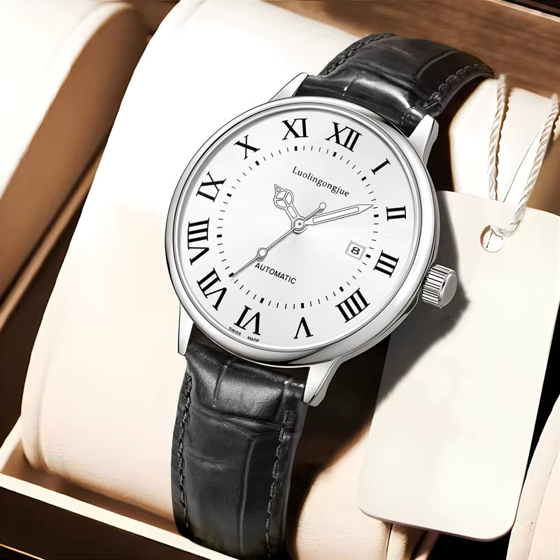 LUOLINGONGJUE Armbanduhr Automatik, Edelstahl, Leder, Weiß, Herren - Bild 1