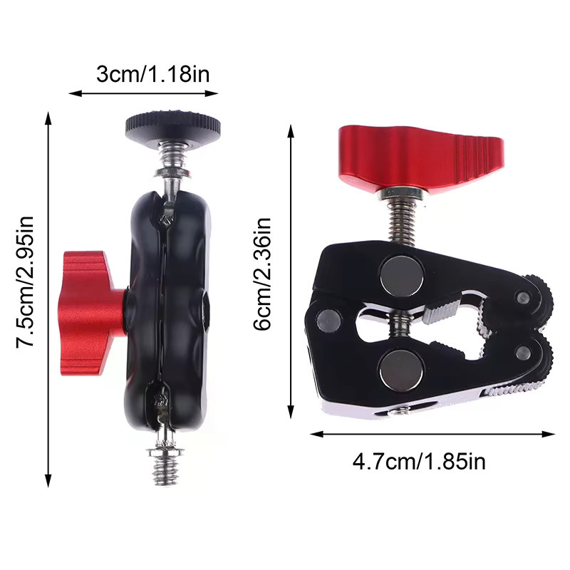 Doppelkugelkopf-Magiearmklemme aus Aluminiumlegierung in Schwarz mit 1/4 Zoll und 3/8 Zoll Halterung für Telefon, Kamera, LED-Licht und Mikrofon - Bild 3