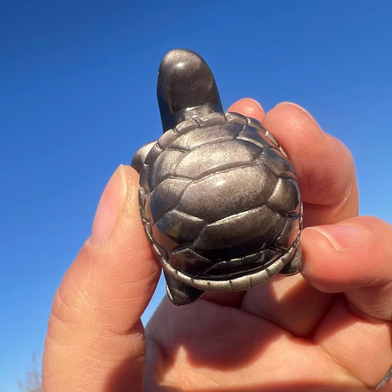 CrystalHola Natürlicher Obsidian-Dekorstein Schildkröte in Silber und Schwarz - Bild 2