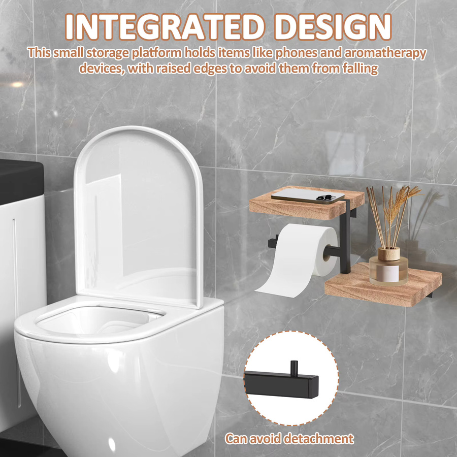 Everso Toilettenpapierhalter aus Holz zur Wandmontage mit Regal in Braun - Bild 3