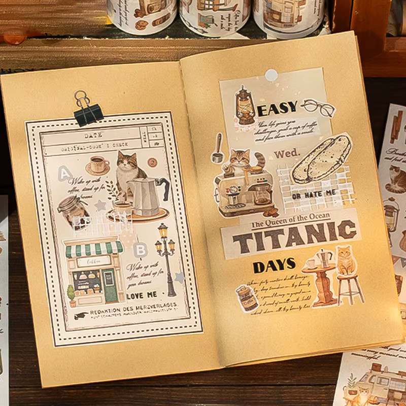 Mr.Paper Washi Tape Set Coffee & Cat mit Vintage-Kätzchen- und Café-Motiven, 2 Rollen, Multicolour - Bild 3