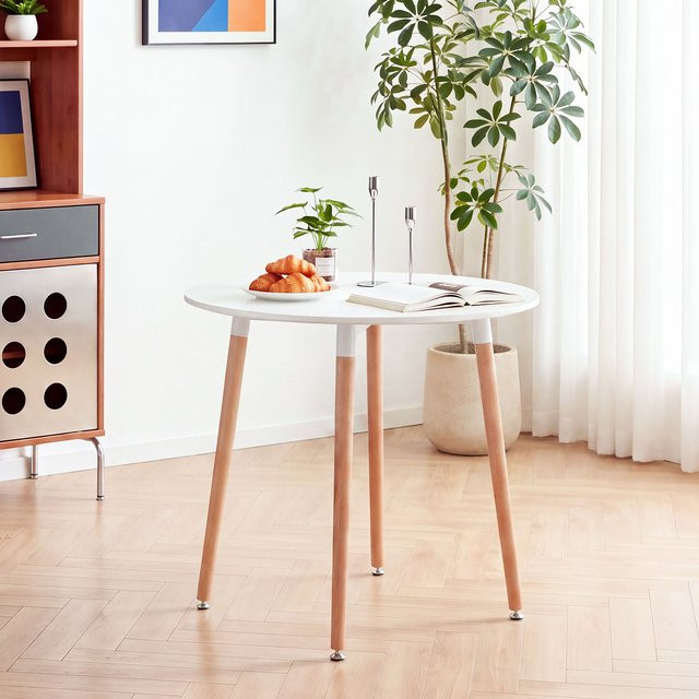 EGOONM Moderner runder Esstisch in Weiß mit MDF-Tischplatte und Massivholzbeinen, Durchmesser: 80 cm - Bild 1