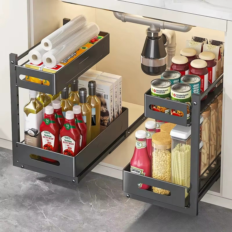 HGTUGO 2-stöckiger Unterschrank-Organizer aus Metall mit verstellbaren Regalen und ausziehbarem Spülbeckenregal in Matt für die Küche - Bild 3