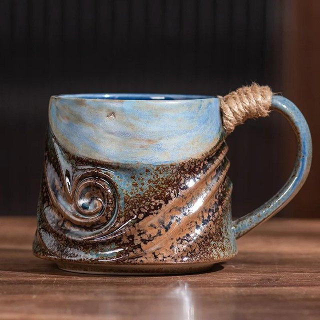Bestbags Keramikbecher mit kreativem Spiraldesign und Hanfseil, 320 ml, in Weiß, Grün oder Blau - Bild 1