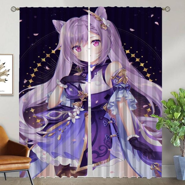 Genshin Impact Küchenvorhänge Set aus 2 Stück, halbtransparente Tüll-Vorhänge für Wohnzimmer und Schlafzimmer, B: 50 cm, H: 70 cm - Bild 1