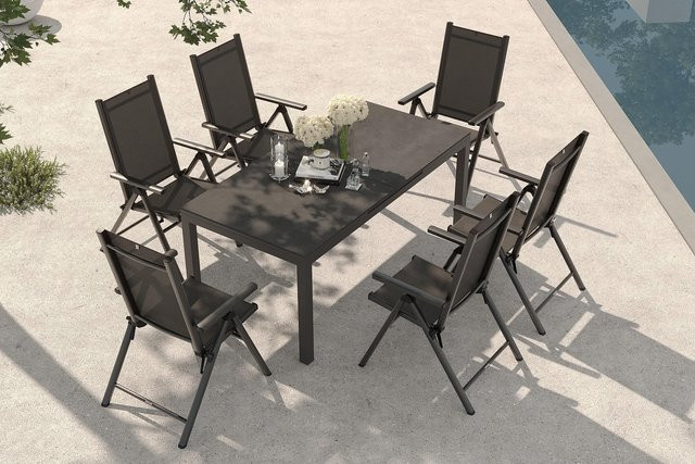 Kettler BasicPlus Pro Garten-Essgruppe in Anthrazit mit ausziehbarem Tisch und 6 Klappstühlen aus Aluminium, Textilene und Spraystone - Bild 1