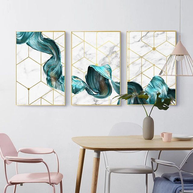 TPFLiving Luxus Poster Leinwand Set mit abstrakten Strukturen in Türkis, Weiß, Grau und Gold, 3er Set, B: 50 cm x H: 70 cm - Bild 1