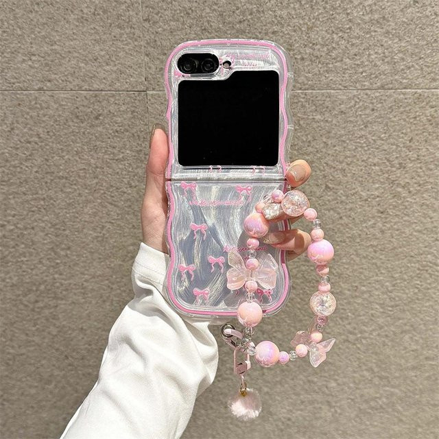 Niedliche Silikon Handyhülle mit Schleife und Kette für Samsung Galaxy Z Flip 6 5 4 3 in Pink Transparent - Bild 1