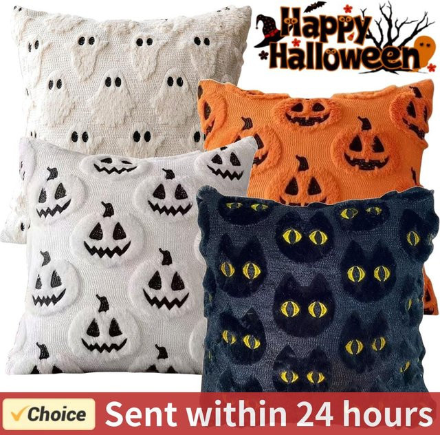 Halloween Kissenbezug aus Kunstfell mit Geister- und Kürbis-Motiv in Weiß - Bild 1