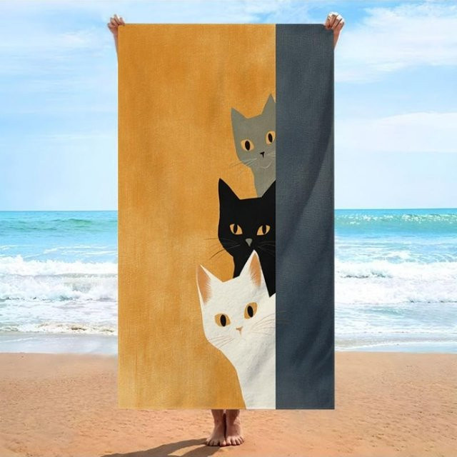 Strandtuch Shanika Chen mit minimalistischer Illustration von drei Katzen in Schwarz, Grau und Weiß, B: 40 cm, H: 60 cm - Bild 1