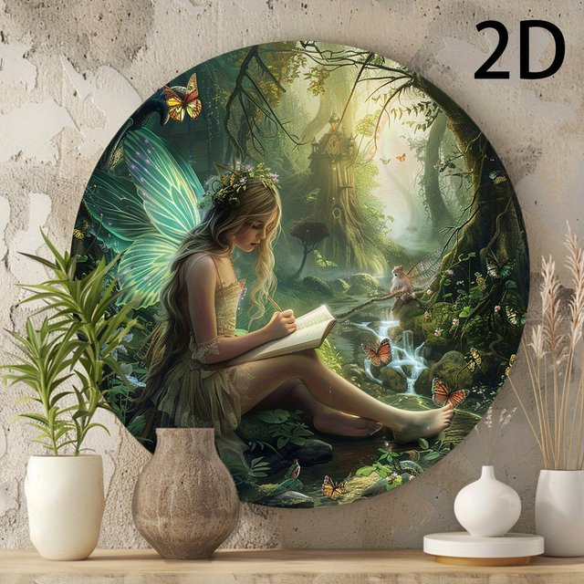 Potdemiel Rundes Aluminium-Wandschild Enchanted Elf Girl Vintage-Waldszene mit Fee und Schmetterlingen, Mehrfarbig, Durchmesser: 20,32 cm - Bild 1