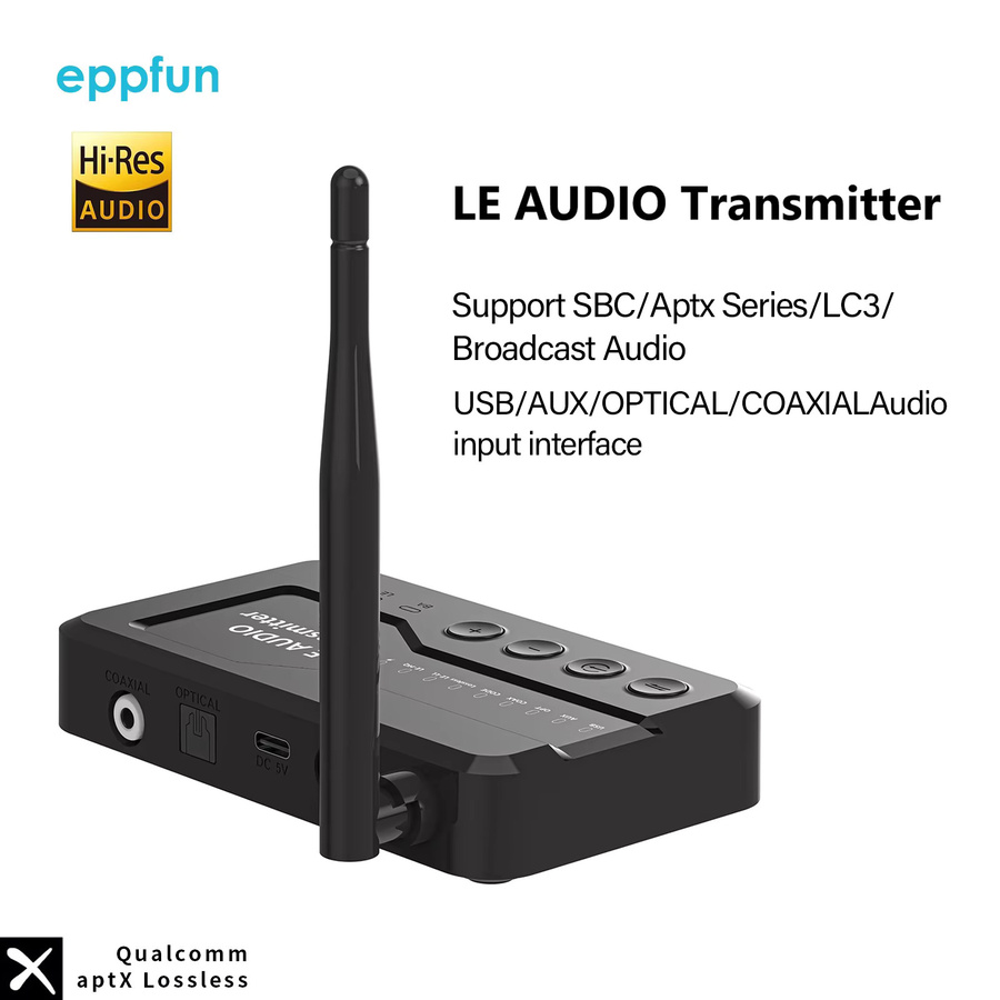 eppfun LE Audio Bluetooth-Sender und TV-Kopfhörer-System mit AptX Lossless und Auracast in Schwarz - Bild 2