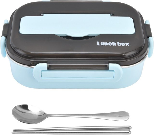 CosyHome Bento-Box Lunchbox mit zwei Fächern und Besteck, blau und weiß, 1000 ml, auslaufsicher und aus Kunststoff sowie Edelstahl - Bild 1