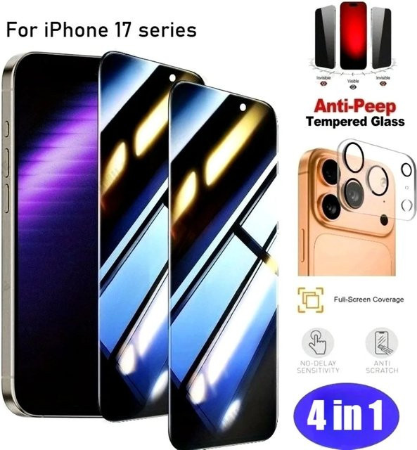 4-in-1 Anti-Spionage Schutzset für iPhone mit Hartglas-Displayfolie und Kameraobjektivglas in Transparent - Bild 1