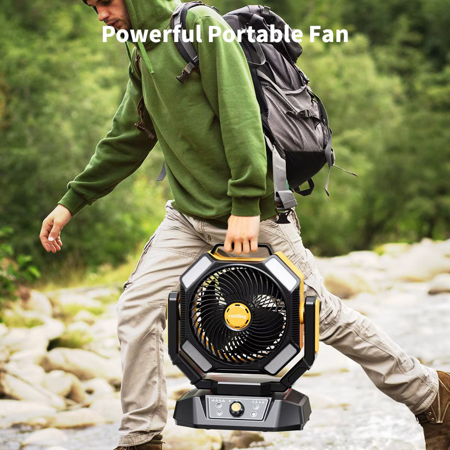 coldSky Camping-Ventilator mit 40000 mAh Akku, batteriebetriebener Tischventilator mit 4 LED-Lichtern, 8 Geschwindigkeiten und Fernbedienung, tragbar und wiederaufladbar, Gelb/Schwarz - Bild 6