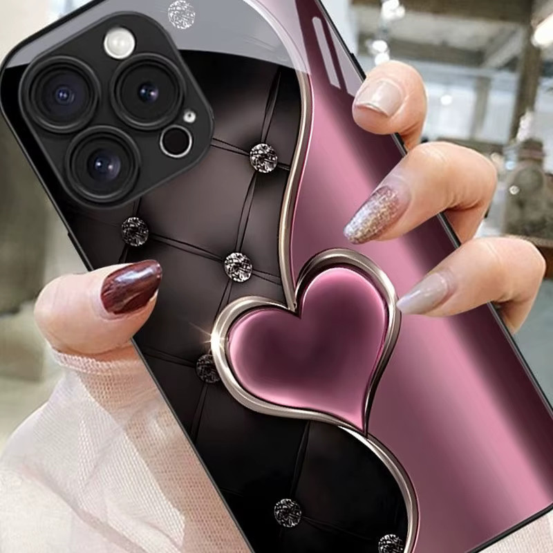 Stoßfeste Handyhülle aus gehärtetem Glas mit rosa Herzchen-Muster für Samsung Galaxy S26 S25 S24 S23 Ultra Plus FE in Schwarz - Bild 6