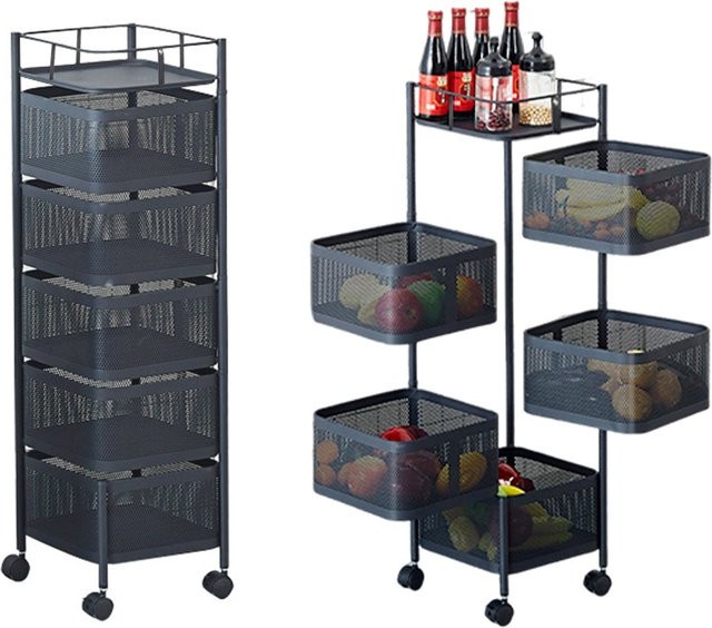 HiMISS 5-stufiges rotierendes Lagerregal aus Metall in Schwarz mit Rollen als Organizer für Obst, Gemüse und Lebensmittel - Bild 1