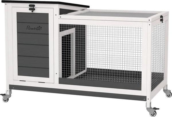 PawHut Kaninchenstall aus Tannenholz mit Freilaufgehege und Klappdach in Grau, B/T/H: 92 x 52 x 67 cm