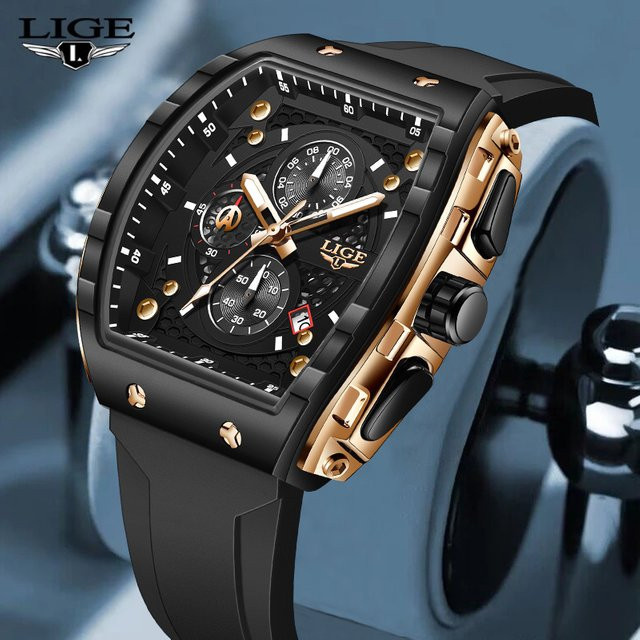 LIGE Armbanduhr Quarz, eckig, Schwarz, Messing, Kautschuk, Herren - Bild 1