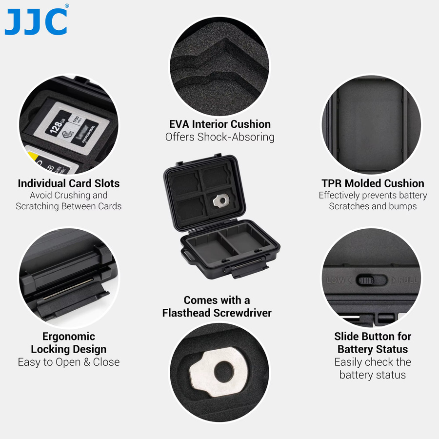 JJC JBC-K2CBS Aufbewahrungskoffer in Schwarz für 3 SD-Karten, 4 CFe B-Karten und 2 Akkus wie Fujifilm NP-W235 oder Nikon EN-EL15 - Bild 4