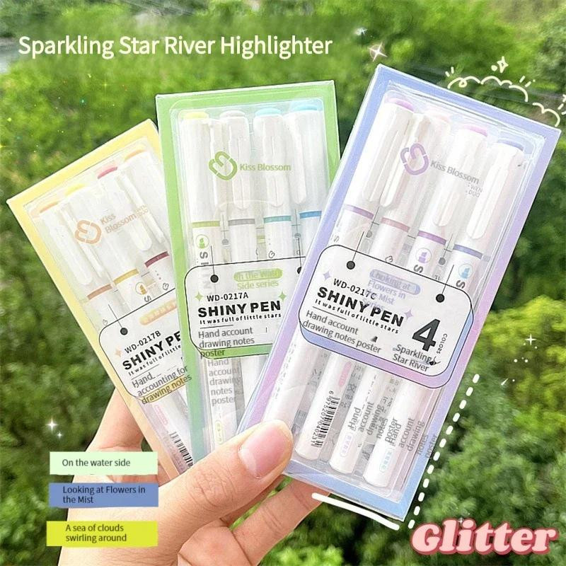 Kawaii Glitzer Textmarker Stifte in 4 Farben für Journaling und Planer, Japanische Schreibwaren Multicolor mit Keilspitze - Bild 2