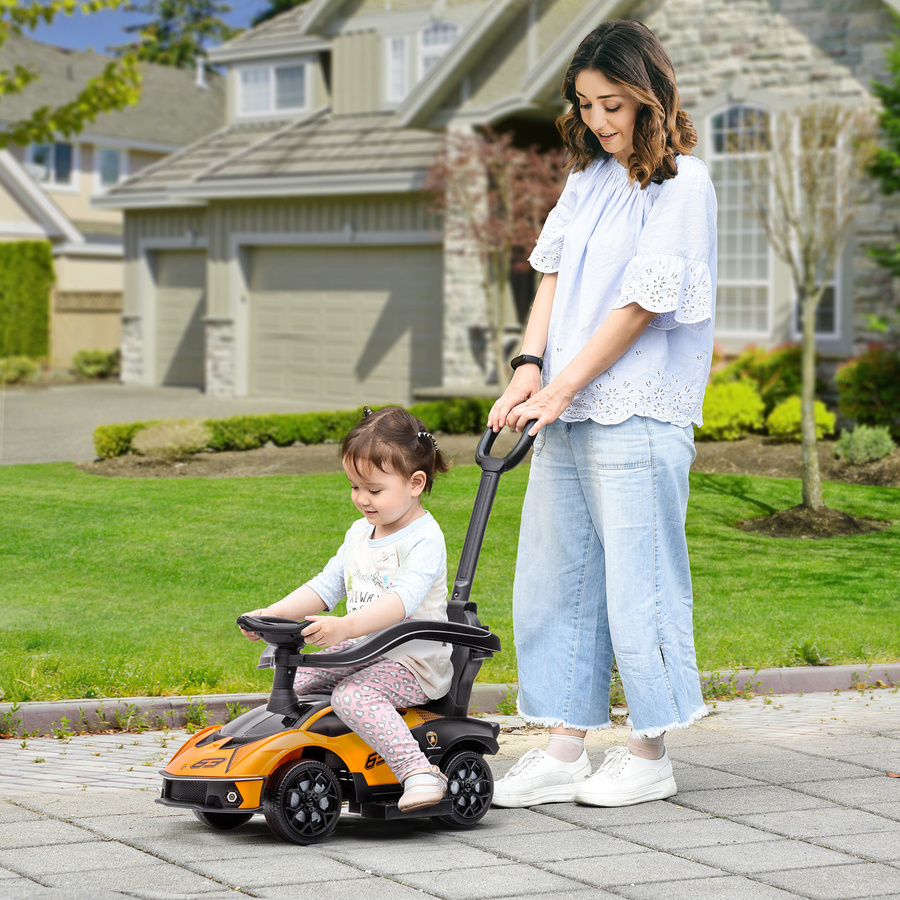AIYAPLAY Lamborghini Kinderfahrzeug 2 in 1, mit Schiebegriff und Sicherheitsgitter, Lenkrad und Hupe, Orange und Schwarz - Bild 2