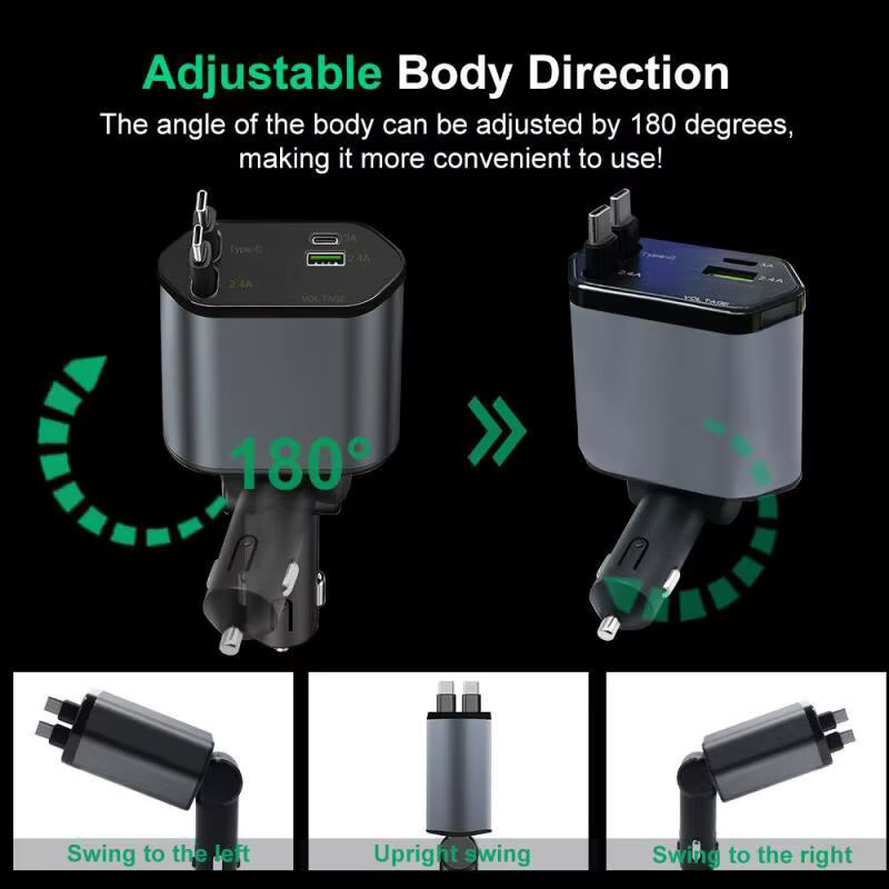 4-in-1 Mini Autoladegerät mit einziehbarem USB-C Schnellladekabel in Schwarz - Bild 4