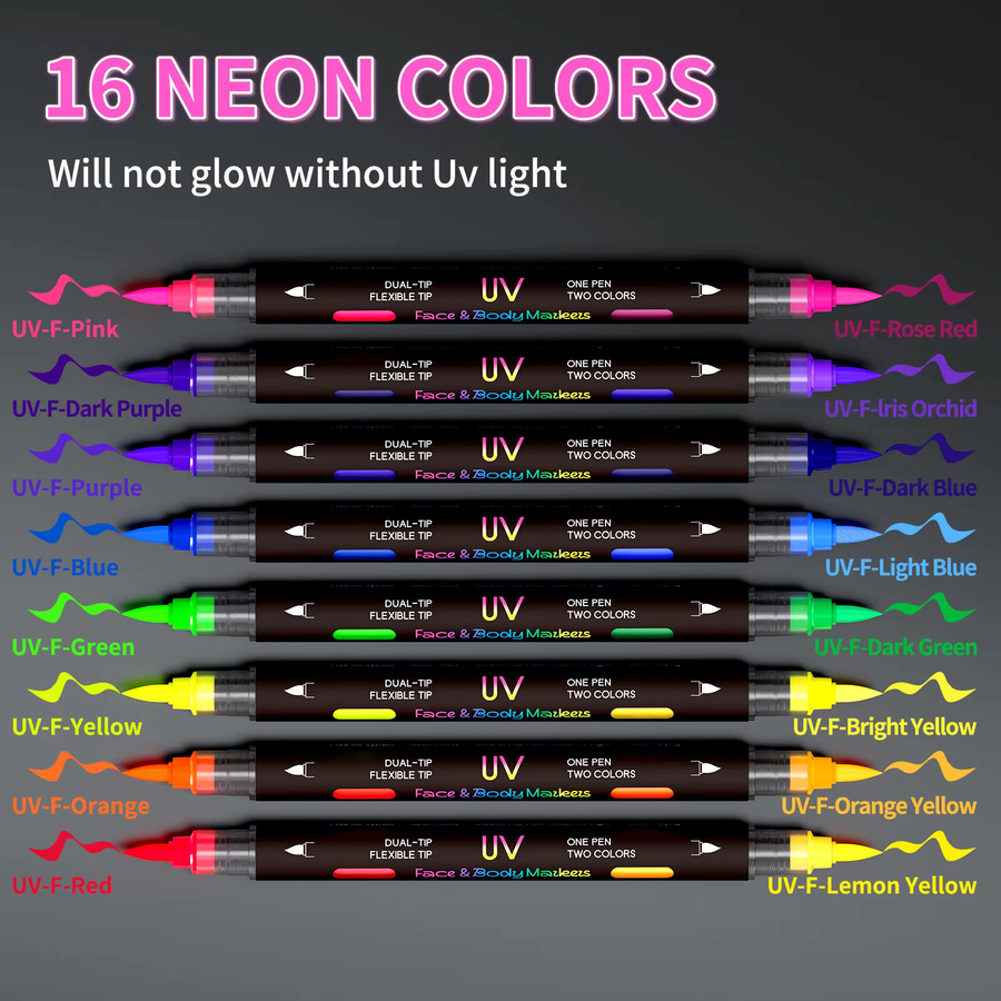 8er-Pack 16-farbige UV-Leuchtmarker in Multicolour, schnelltrocknende Neonfarbmarker mit Doppelspitzen für Graffiti und kreatives Zeichnen, abwaschbar und radierbar - Bild 3