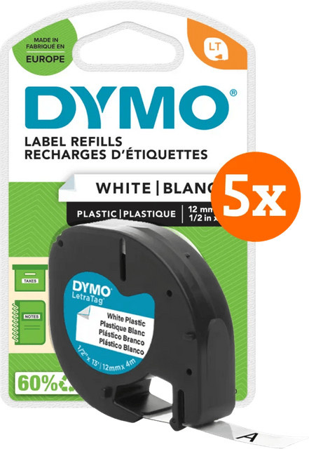DYMO LetraTag Etiketten Schwarz-Weiß, 5er-Pack, Breite: 12 mm, Länge: 4 m pro Rolle - Bild 1
