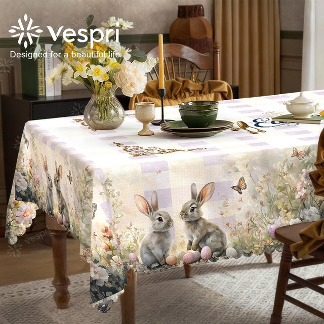 Vespri Oster-Tischdecke mit lila Blumen, Kaninchen und Schmetterlingen aus Polyester, Weiß/Lila/Mehrfarbig - Bild 1