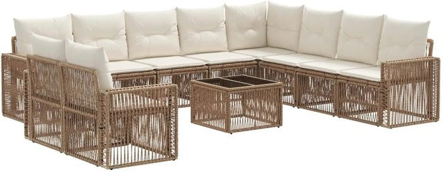 vidaXL Gartensofa-Set 11-teilig aus Poly-Rattan in Beige mit Polsterkissen und pulverbeschichtetem Stahlgestell - Bild 1