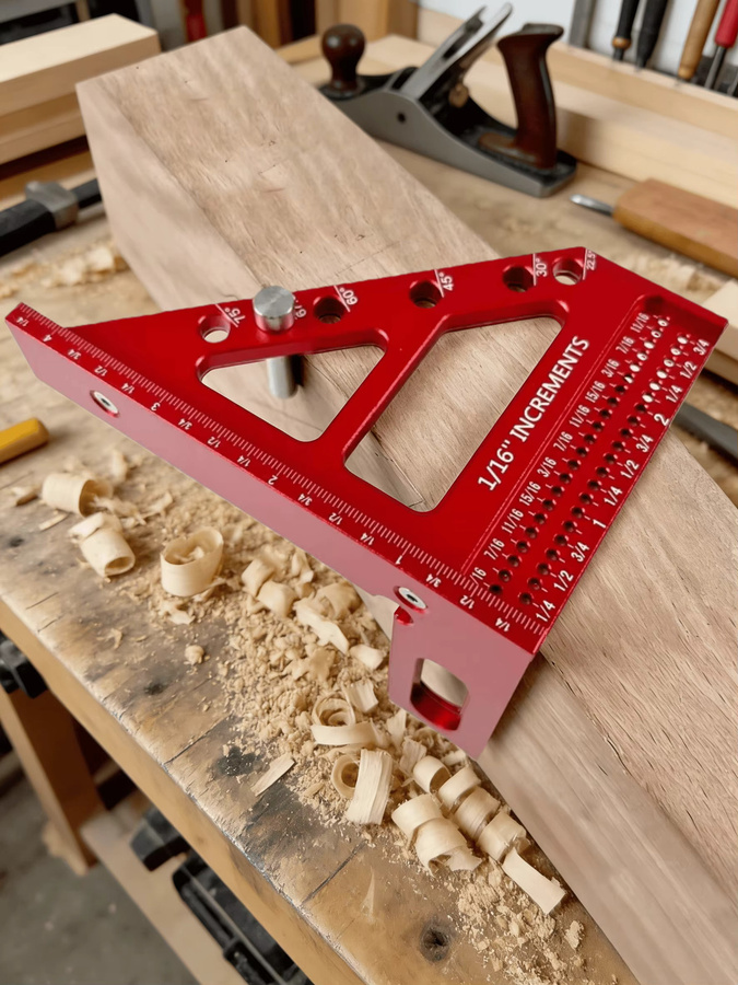 GDART 3D Multi-Winkel Holzbearbeitungs-Winkelmesser aus Aluminium-Legierung als T-Typ Anreißer in Silber oder Rot mit 22,5/30/45/60/67,5/90 Grad Gehrungsdreieck-Lineal - Bild 5