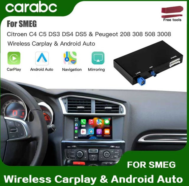 CARABC Drahtlose Android Auto und Apple CarPlay Adapter für Peugeot und Citroen SMEG & MRN mit Rückfahrkamera in Schwarz - Bild 1