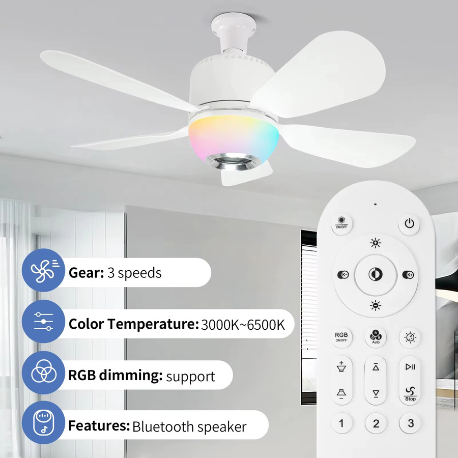 Ludengchaoshi RGB Intelligenter Deckenventilator mit E27-Lampenfassung, integriertem Lautsprecher und App-Steuerung, dimmbar, Weiß - Bild 2