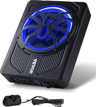 VEVOR Untersitz Auto Subwoofer 440 W mit eingebautem Verstärker und blauem Ambient Light, 254 mm Slim Subwoofer für SUVs, Lkw und Wohnmobile, Schwarz/Blau - Bild 1