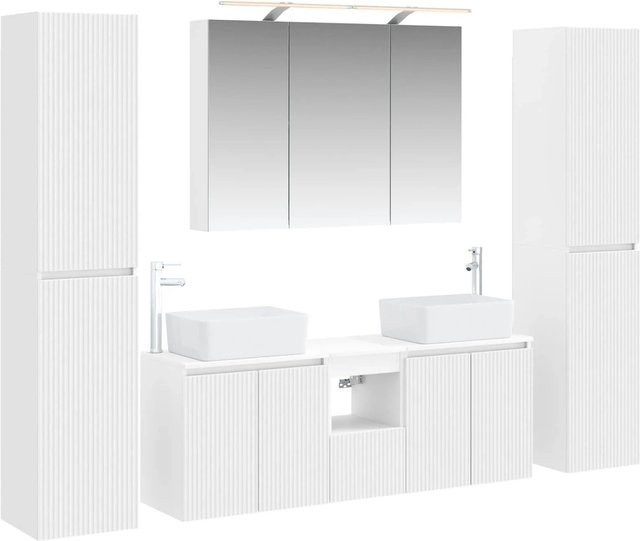 vidaXL Badezimmermöbel-Set 6-teilig in Weiß, bestehend aus Waschtischunterschrank, Spiegelschrank mit LED-Beleuchtung und Wandschränken aus Ingenieurholz und Glas - Bild 1