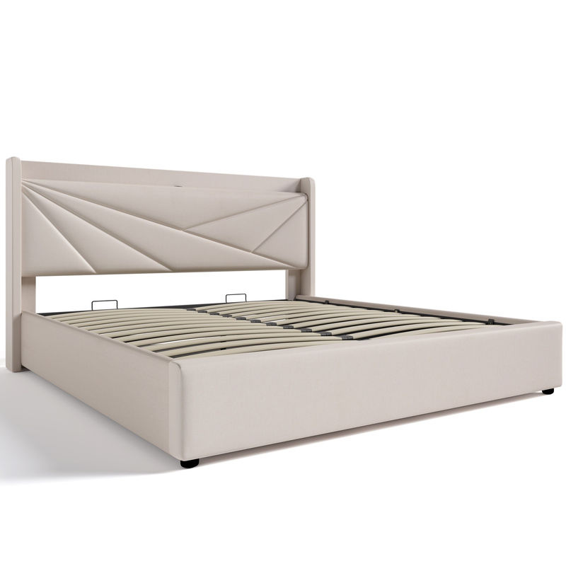 Aosom Doppelbett mit Bettkasten und USB-Ladefunktion in Beige mit Leinenstruktur und Stauraum, H x B x T: 107 x 186 x 208 cm - Bild 2