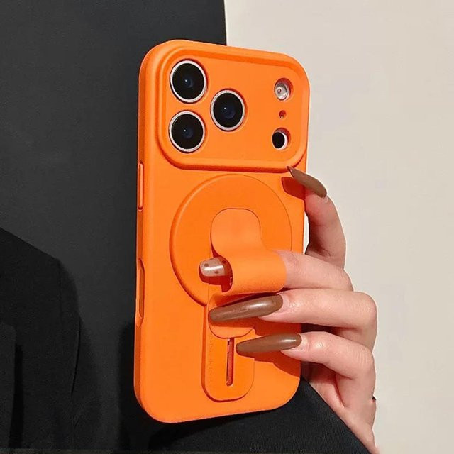 NKEN-2 Flüssigsilikon MagSafe Hülle mit Griff Halterung für iPhone 11 bis iPhone 17 Pro Max in Orange - Bild 1