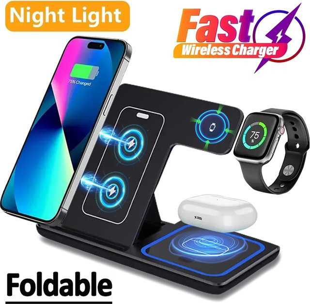 Apple Kabelloses 3-in-1 Schnellladegerät Faltbare Ladestation in Schwarz für iPhone, Apple Watch und AirPods - Bild 1