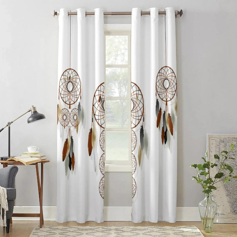 Yiran Furniture Boho Traumfänger Fenstervorhang mit Aquarell Feder Muster, transparentes Voile, Farbe: Weiß, B: 100 cm, H: 130 cm - Bild 2