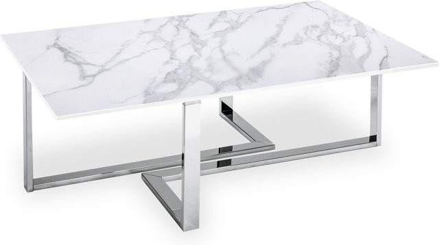 Couchtisch HASSE Calacatta in Silber und Weiß mit Keramikplatte und verchromtem Metallgestell, B/T/H: 110 x 70 x 41 cm - Bild 1