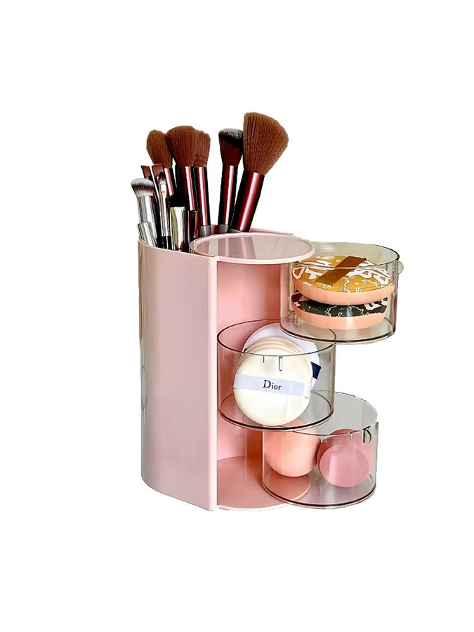 Rotierender staubdichter Kosmetik-Organizer aus Kunststoff in Pink mit Deckel für Make-up, Pinsel und Lippenstifte - Bild 5