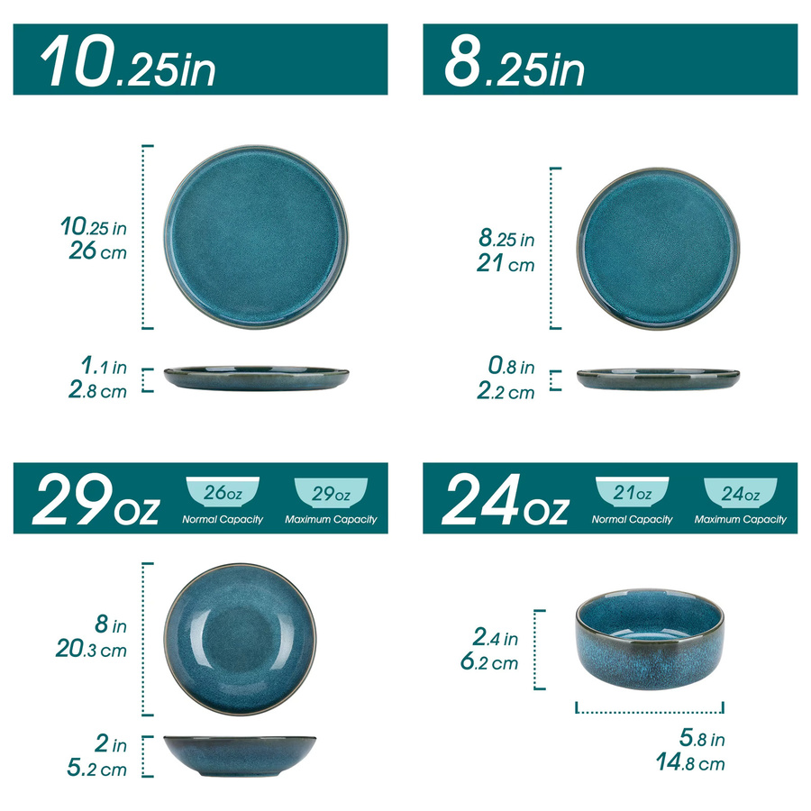 vancasso Geschirr Set aus Keramik mit reaktiver Glasur in Blau, Dinner Set für 4 Personen mit Tellern, Desserttellern, Suppentellern und Schüsseln (16 oder 32 Stück) - Bild 2